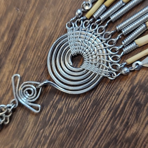 Peruvian Bamboo Tube Bead & Silver Tone Metal Work Jasper Stone Pendant Necklace - Picture 5 of 12
